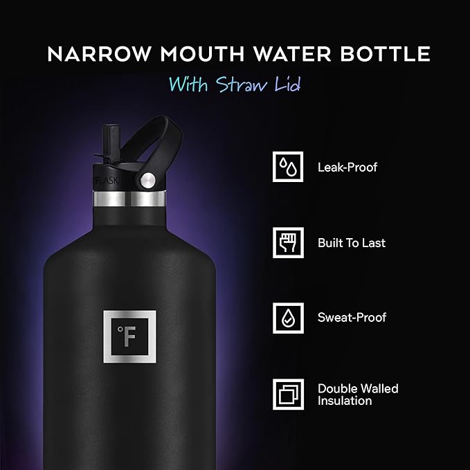 IRON °FLASK Camping & Hiking Hydration Canteens - 3 Lids (Narrow Straw Lid) Leak Proof Vacuum Insulated Stainless Steel - Hot & Cold Double Walled Sports Water Bottle - Fire, 64 Oz