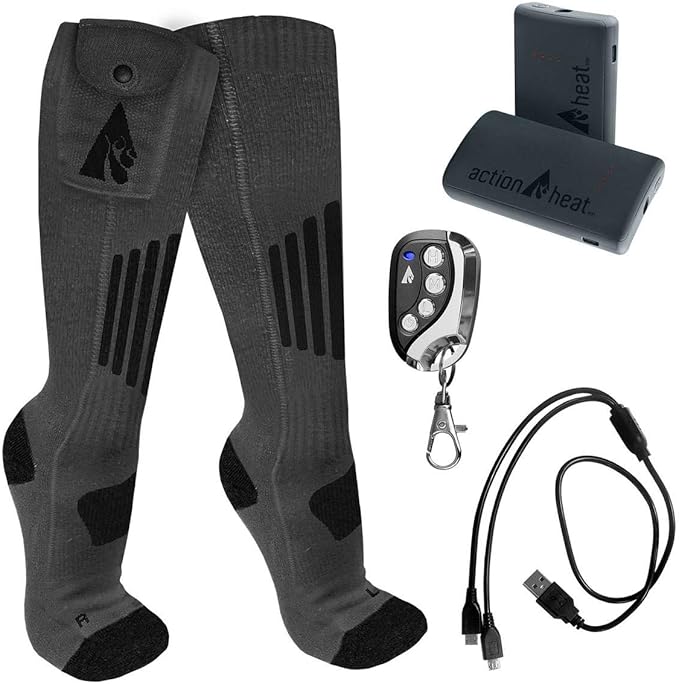 ActionHeat 3.7V Rechargeable Battery Heated Socks 2.0 with Remote Control – Cotton and Wool Thermal Socks – Electric Heating Socks for Cold Weather Outdoor Activities – Grey/Black