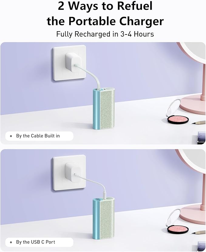 VEGER Compact Portable Charger with Built in Cable(Removable), 10000mAh Cute Power Bank 20W Fast Charging, Sparkling Battery Pack Fashion Travel Accessory Compatible with iPhone 15/14, Android-Green