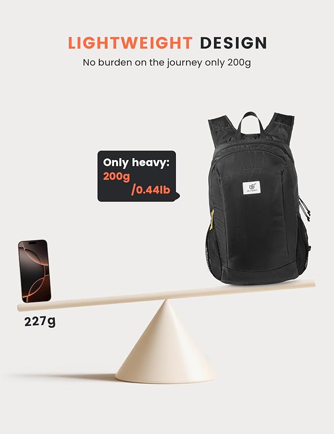 SKYSPER 16L Hiking Backpack Lightweight Small for Women Men, Foldable Packable Daypack - Travel Camping Backpack, Outdoor Hiking Bag (Black)