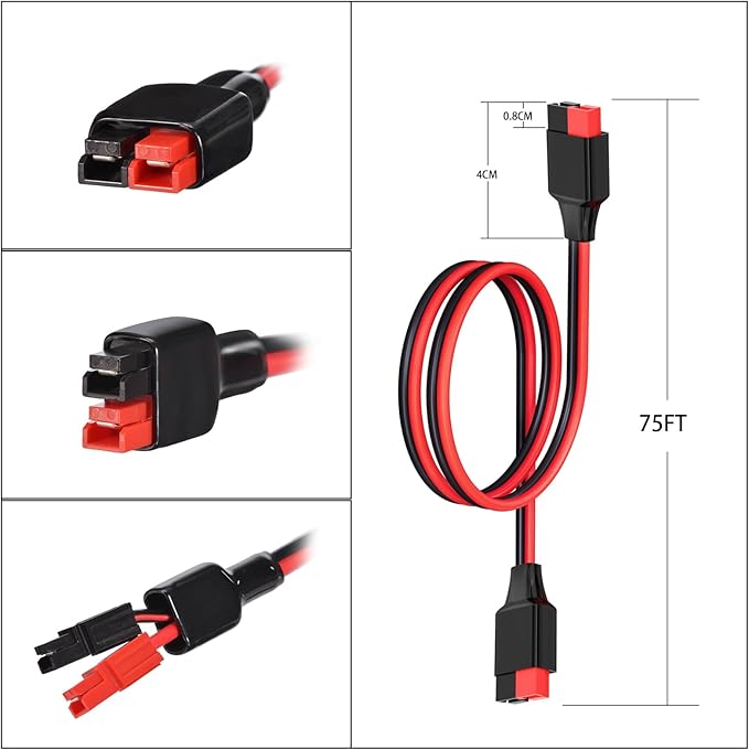 10AWG 75FT Anderson Extension Cable 2 6 10 20 35 50 75 100FT Solar Extension Cable Anderson Connector for Portable Power Station Solar Generator Solar Panel (75FT)