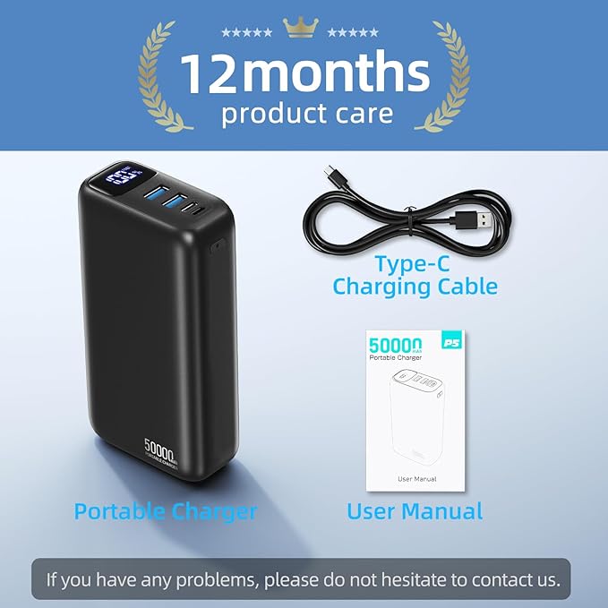 50000mAh Portable Charger Power Bank,22.5W Fast Charging Portable Phone Charge USB-C PQ3.0 QC4.0,LED Display, Battery Pack for iPhone 17/16/15 Pro Samsung Google, for Travel Camping Essential