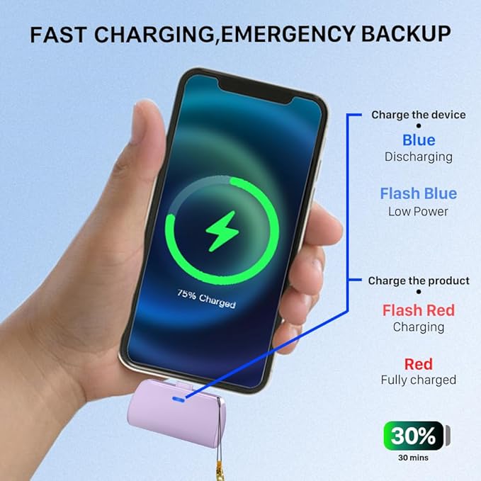 WAVYPO Keychain Portable Charger 2500mAh, Cell Phone Portable Power Bank Pack Mini Power Emergency Pod Fast Charging Compatible for iPhone 14/14 Pro Max/13/13 Pro Max/12/12 Pro Max/11/XR/X/8 (Purple)