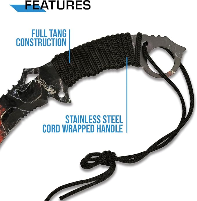 MTECH USA Fixed Blade Knife, Partially Serrated Stainless Steel Blade with Cord Wrapped Handle, Black Nylon Sheath - Hunting, Camping, Survival, Everyday Carry (Black Red)