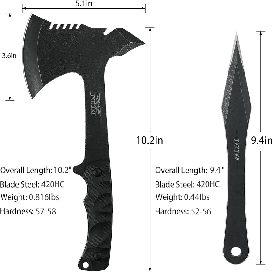 JXE JXO Throwing Axes and Spike 3Pack Set, Full Tang Throwing Tomahawk, No Spin Throwing Spike