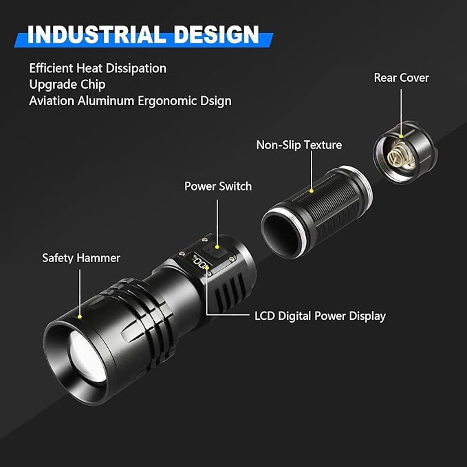 Rechargeable LED Flashlights 10000.00 High Lumens,๐๐๐๐ ๐๐๐ฐ High Powered Waterproof Tactical Flashlight Spotlight Flashlight for Home, Bright Flashlight Black for Outdoor Camping Emergency