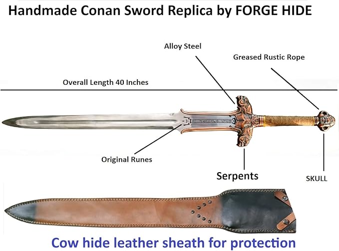 FORGE HIDE-Conan The Barbarian Sword – Real Full Tang Atlantean Swords | 1095 Carbon Steel, Bronze Fittings & Leather Sheath | Medieval Fantasy King Sword Prop | Gift for Him, Christmas, Viking Gifts