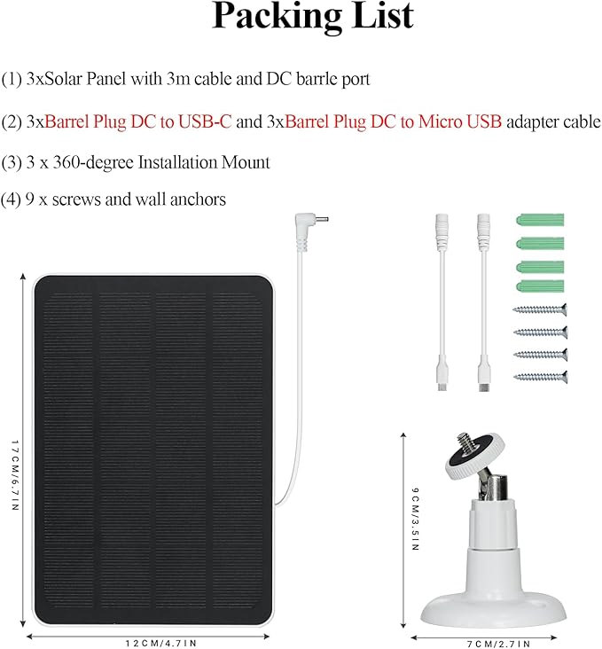 3-Pack 5W Solar Panels for Security Cameras with 360° Adjustable Mounting - IP65 Waterproof - 9.8 Ft Charging Cable - Micro USB & USB-C & DC3.5mm Ports