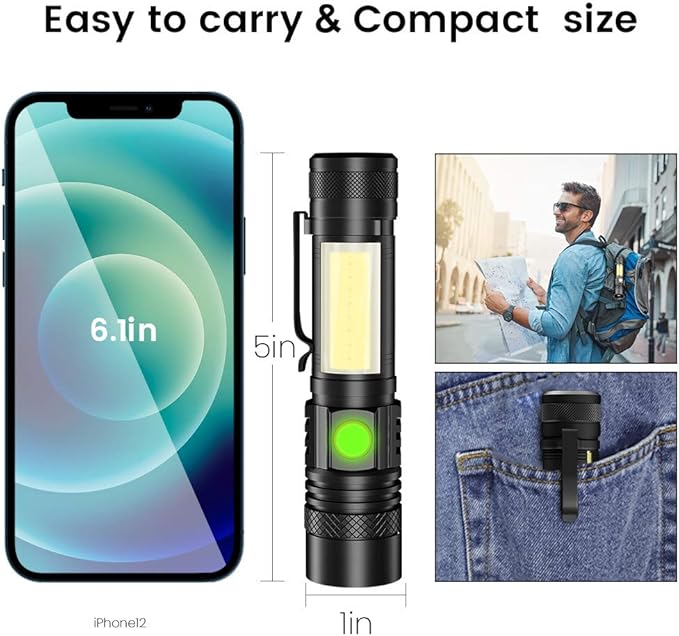 Rechargeable Flashlight, Magnetic LED Flashlight ?�Battery Not Included?‘with COB Work Light, Pocket Tactical Flashlights with 6 Modes,1000 Lumens Super Bright,Waterproof,Zoomable,for Camping,Emergency
