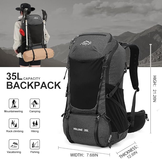 INOXTO 35L Hiking Backpack with 3Lwater bladder, Camping Backpack with Waterproof Rain Cover for Men, Outdoor Sport Travel Daypack for Climbing (Black grey)