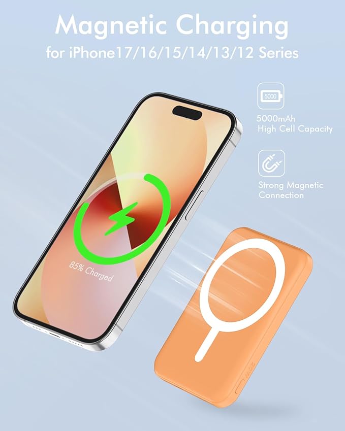 podoru for Magnetic Battery Pack, 5000mAh Magnetic Power Bank with Type-C Cable 20W PD Fast Charging Lighting Input Wireless Portable Charger for iPhone 17/16/15/14/13/12/ All Series-Orange