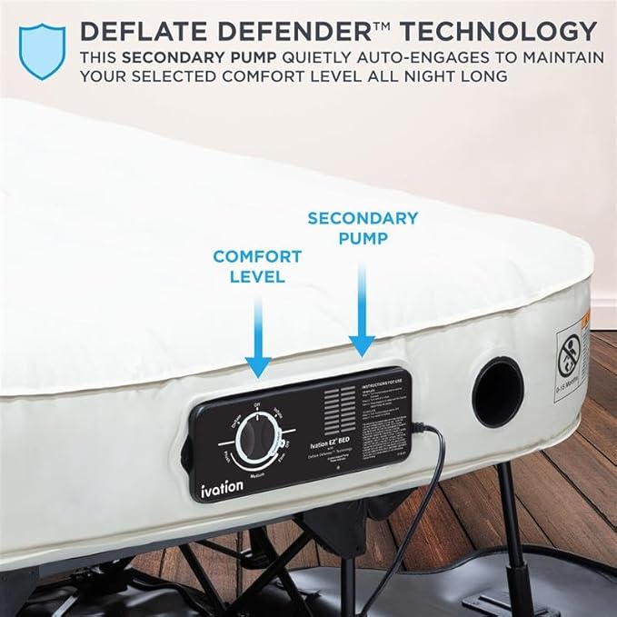 Ivation EZ-Bed (Queen) Air Mattress with Deflate Defender™ Technology Dual Auto Comfort Pump and Dual Layer Laminate Material - AirBed Frame & Rolling Case for Guest, Travel, Vacation, Camping