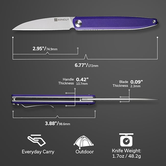 SENCUT Small Pocket Knife for Men, Front Flipper knife for EDC, Jubil Folding Knives with 2.95 inches D2 blade, G10 Handle with Liner Lock, Slim Gentleman?™s knives for Gift (Purple)