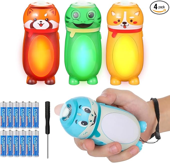 4 Pack Small Mini LED Flashlights for Kids - Cute Small Animal Flashlight - 2 in 1 Camping Lantern Flashlight - Christmas Gifts Stocking Stuffers for Girls Boys