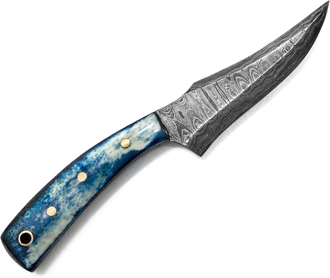 Titan International Knives 7.2" Damascus Hunting Skinning Knife | Handmade Fixed Blade 1095 4340 Carbon Mix Hand Pounded | Blue Dyed Bone Handle with Leather Sheath Perfect for Camping