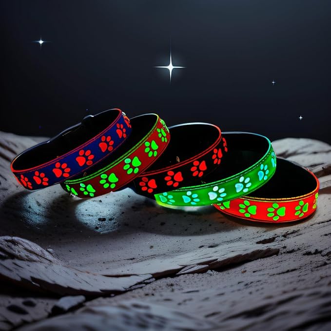 LED Light Up Dog Collar, USB-C Rechargeable, Multicolor Paw Print Design, 15 Modes Lighting Night Safety (Pink, M(11.8-15.7"))