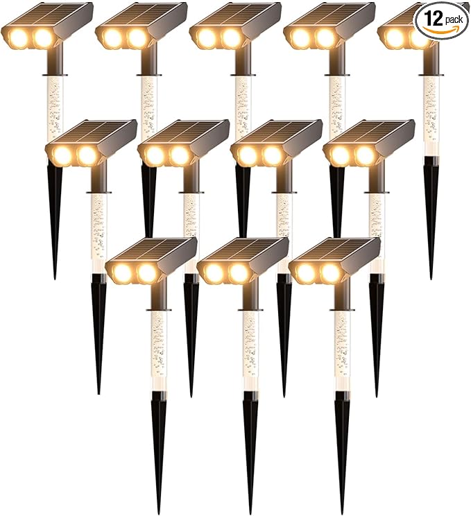 Solar Lights Outdoor Waterproof: 2 IN 1 Solar Spot Lights with 2 Lighting Modes & PC Light Guide Column for Tree Garden Yard Pathway | Warm Yellow 3000k Landscape Lights | IP65 Waterproof | 12 Pack