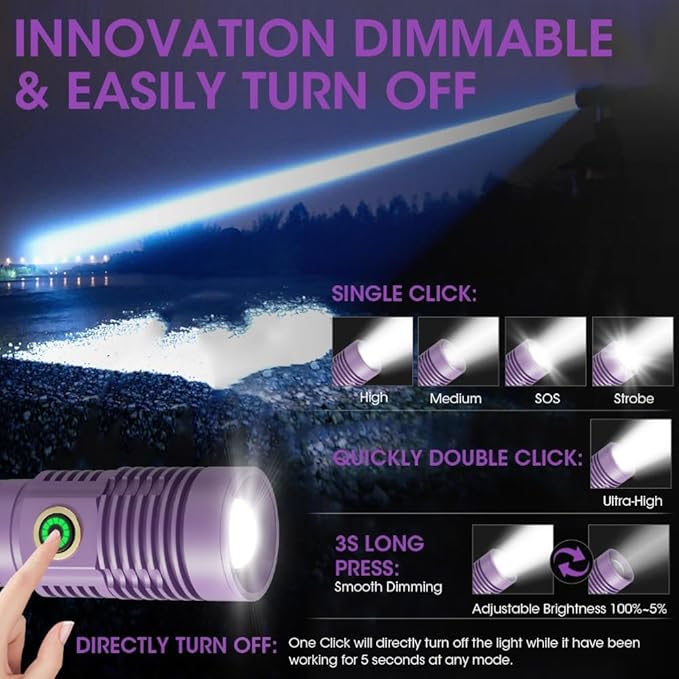 Rechargeable Flashlight High Lumens, High Lumens Super Bright Magnetic Flash Light, Long-Range Zoomable LED Flashlights for Emergency, Waterproof Flashlight Dimmable, Purple,1PC