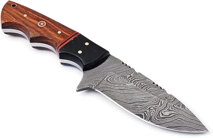Custom Handmade Fixed Blade Hunting Damascus Knife - 8 Inch hand Forged Full Tang Rose Wood & Micarta Handle Knives For Hunting, Outdoor Camping, Hiking, Fishing, Bushcraft Knives With Leather Sheath