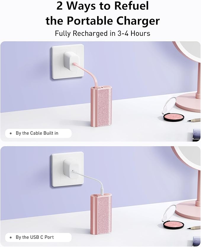 VEGER Compact Portable Charger with Built in Cable(Removable), 10000mAh Cute Power Bank 20W Fast Charging, Sparkling Battery Pack Fashion Travel Accessory Compatible with iPhone 15/14, Android-Pink