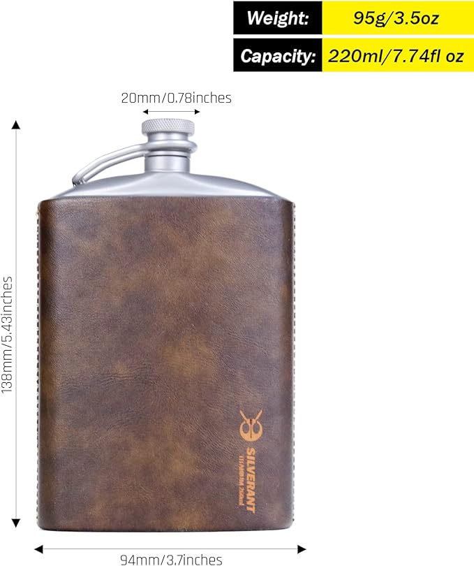 SILVERANT Titanium Ultralight 7.74oz/220ml Hip Flask Canteen, Lightweight Compact Outdoor Flask, Limited Edition With Leather Case & Funnel