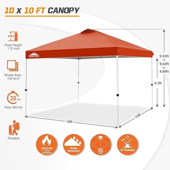 EAGLE PEAK Pop Up Canopy Tent with Wheeled Carry Bag, 8 Stakes, 4 Ropes, 4 Weight Bags, Easy Set Up Tent Canopy, 10x10 ft, 100sqft of Shade, Brick Red