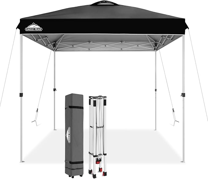 EAGLE PEAK Pop Up Canopy Tent with Wheeled Carry Bag, 8 Stakes, 4 Ropes, Easy Set Up Tent Canopy, 8x8 ft, Black