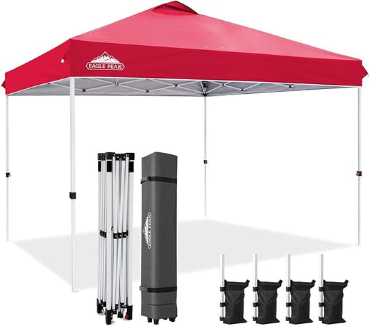 EAGLE PEAK Pop Up Canopy Tent with Wheeled Carry Bag, 8 Stakes, 4 Ropes, 4 Weight Bags, Easy Set Up Tent Canopy, 12x12 ft, 144sqft of Shade, Red