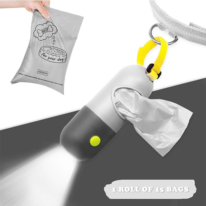 Dog Poop Bags Holder with LED Flashlight|Pet Waste Bags Dispenser for Leash|Doggie Potty Bags Container with Leak-proof Pet Trash Bags and Accessories (Light Gray, 1 Holder 15 Bags)