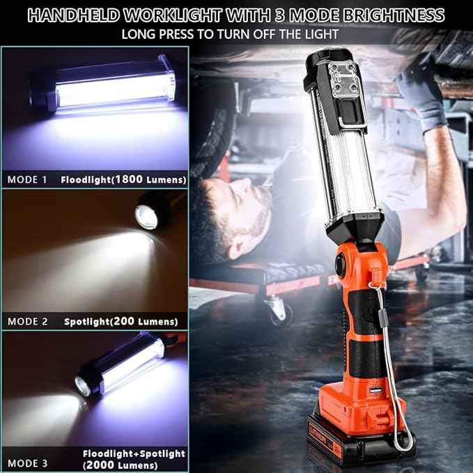 Cordless LED Work Light for Black & Decker 20V Li-ion Battery, 35W 2000LM Outdoor Flashlight Portable Camping Lanterns for Car Repairing, Job Site Lighting, Emergency