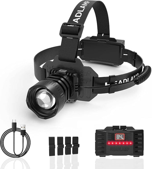 Camping Headlamp Zoomable Motion Sensor with Red Tail Light, 4000High Lumen Headlight with 3 Modes,IP65 Waterproof 90° Adjustable for Hiking Fishing Running Emergency Hard Hat Headlamp