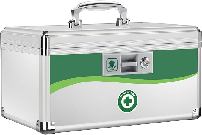 Medicine Lock Box, First Aid Safe Medication Storage Box, Layered Aluminum Daily Medicine Lockable Box with Key 14 * 8.46 * 7.48 Inch (Large)