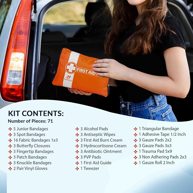 MFASCO First Aid Kit for Home, RV, Automotive - Compact Orange Pouch with Organizers for Small Travel, Backpacking, Cars, Motorcycle, Basic Supplies, Measures 8 x 5 3/4 x 1 1/4 inches, 70 Pieces