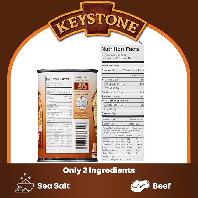 Keystone Meats All Natural Ground Beef 14 Oz Fully Cooked Canned Meat | Heat & Serve | 5-Year Shelf Life | Ready to Eat, Gluten-Free Pantry Staple | Survival & Emergency Food | Made in USA | Pack of 6