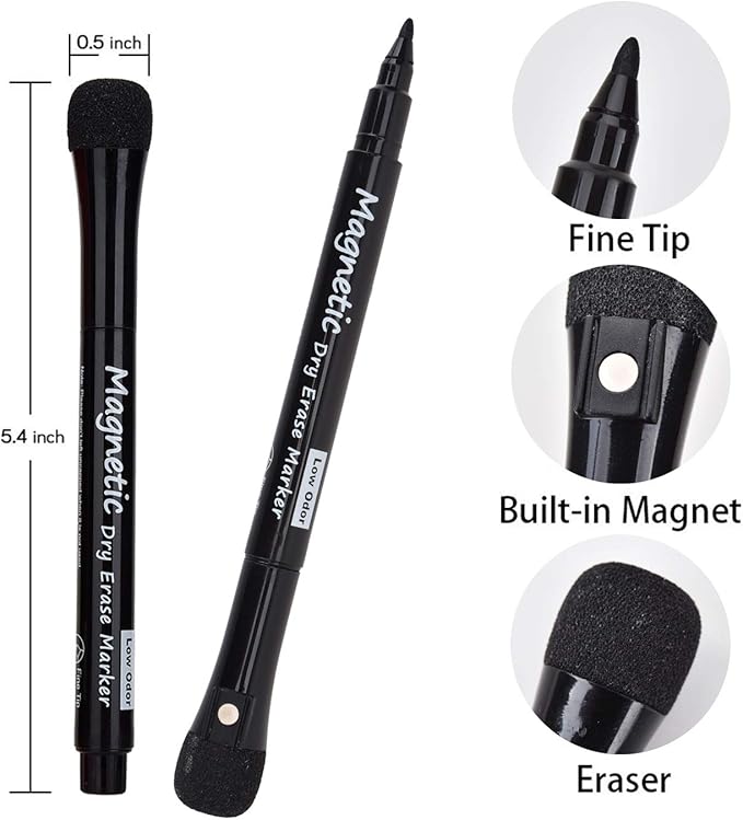 Browill Magnetic Dry Erase Markers, (12 pk) Dealkits Low Odor White Board Markers with Erasers for Kids Teacher Supplies for Classroom Work on White Board, Calender, Fine Tip Point, Black
