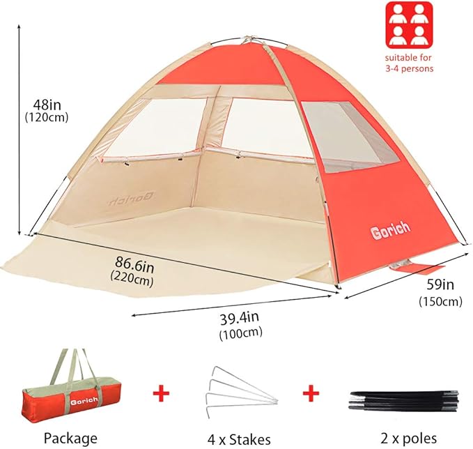 Gorich Beach Tent Sun Shelter for 3/4-5/6-7/8-10 Person with UPF 50ï¼?UV Protection, Lightweight & Easy Setup Beach Shade Canopy, Portable Beach Shade Tent Beach Cabana