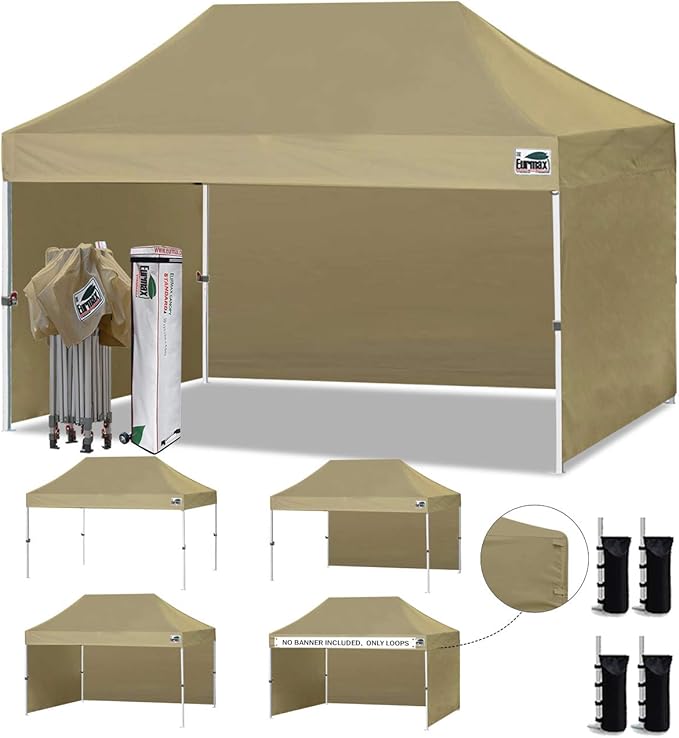 Eurmax USA 10'x15' Pop-up Canopy Tent Commercial Instant Canopies with 4 Removable Zipper End Side Walls and Roller Bag, Bonus 4 SandBags(Khaki)