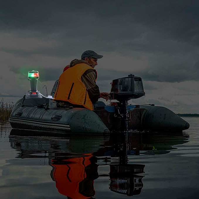 Kayak Battery Portable Navigation LED Lights Multi- Adaptors 3AA Battery Inflatable Boat Surface Mount Adhesive Base (Red/Green (With Fixed Base))