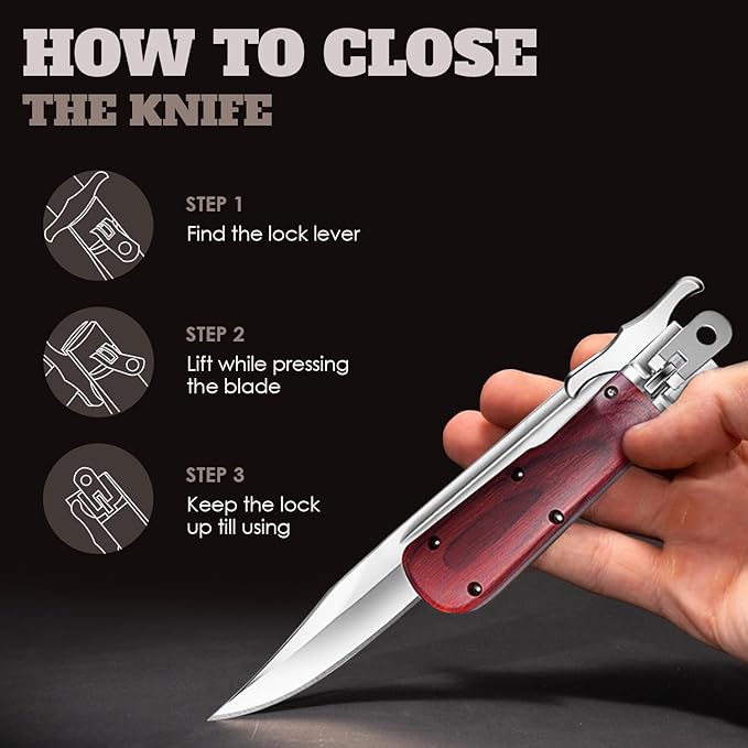 Grand Way 12.2" Retro Folding Knife with Wood Handle & Leather Sheath - 7.8" Long Foldable Sharp Blade - Large Pocket Knife for Men Camping Hunting Survival Work 12 KG