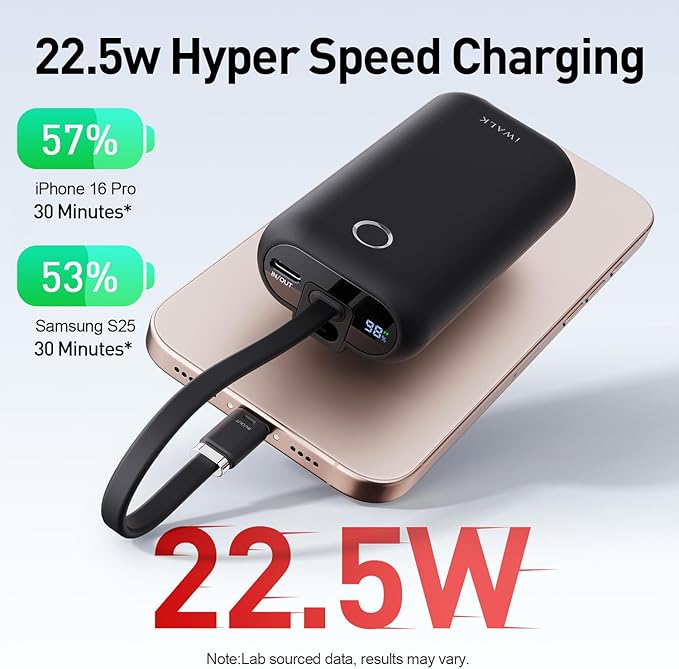 iWALK Mini Portable Charger 10,000mAh, 22.5W USB-C Fast Charging Power Bank with Built-in Cable, Travel Essential Ultra-Small Battery Pack Compatible for iPhone 17/16/16 Pro/15, Samsung, Google, Black
