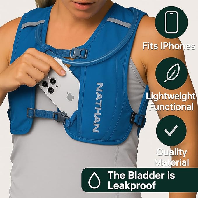 Nathan QuickStart 1.5L Hydration Pack Vest with Bladder or flasks, Storage Pockets, Breathable Moisture-Wicking Fabric, Adjustable Straps for Running, Hiking, Walking, Marathons, Obstacle Races