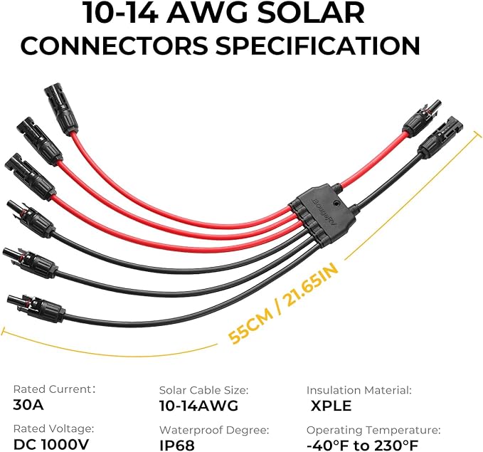 BougeRV Solar Parallel Connectors for 2-3 Solar Panels, 2 to 6 Y Branch 10AWG Adapter Splitter Cable Wire Plug PV Tool Kit, Waterproof (MFFF/FMMM)