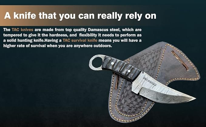 Bushcraft Survival Knife12T27 Damascus Steel Fixed Blade outdoor - Pakka Wood Handle - Pancake Leather Sheath - Traditional Field Knife for Camping , Fishing, Hunting , Men & Women - EDC Knife to Carry on Belt- (BLACK)
