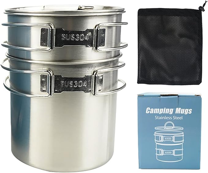 Camping Cups and Mugs Pot 2Pcs -304 Food Grade Stainless Steel - Outdoor Cookware Set with Vented Lid -33oz Big+24oz Small for Backpacking Picnic Hiking