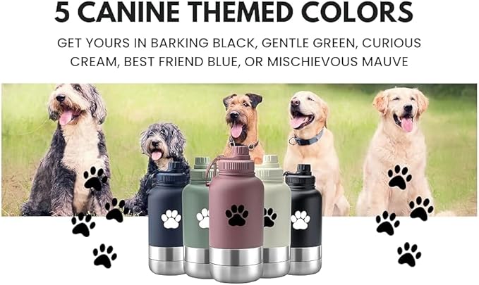 32 oz Portable Dog Water Bottle & Bowl for Travel- 3 in 1, Stainless Steel, Leak-Proof, Insulated (Barking Black, 32 oz)