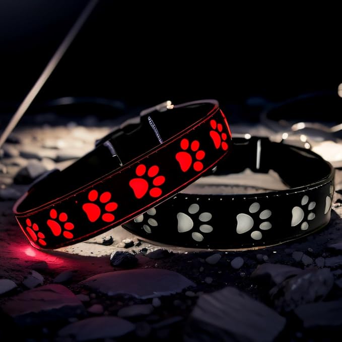 LED Light Up Dog Collar, USB-C Rechargeable, Multicolor Paw Print Design, 15 Modes Lighting Night Safety (Black, L(15.7-19.7"))