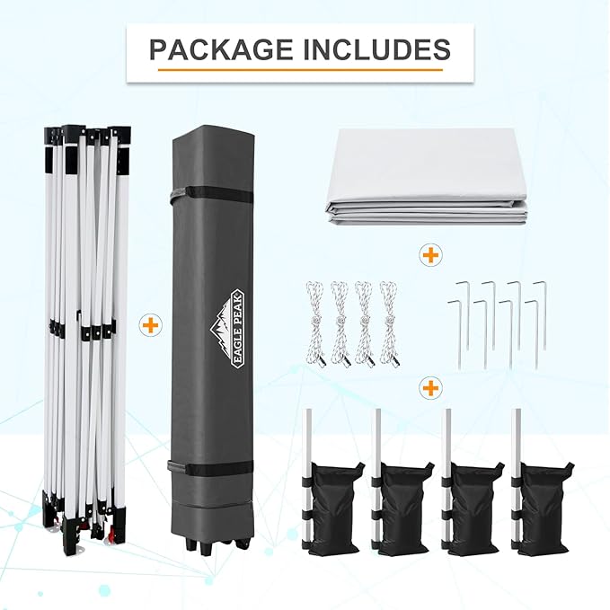 EAGLE PEAK Pop Up Canopy Tent with Wheeled Carry Bag, 8 Stakes, 4 Ropes, 4 Weight Bags, Easy Set Up Tent Canopy, 12x12 ft, 144sqft of Shade, White