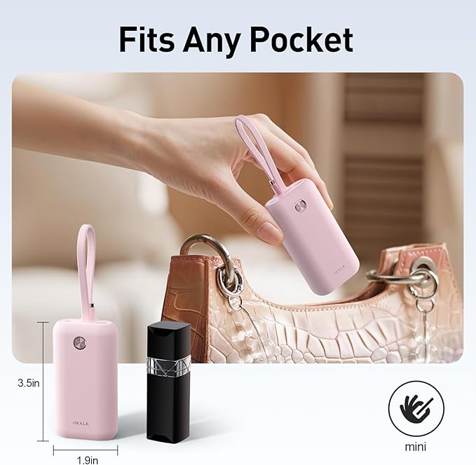 iWALK Mini Portable Charger 10,000mAh, 22.5W USB-C Fast Charging Power Bank with Built-in Cable, Travel Essential Ultra-Small Battery Pack Compatible for iPhone 17/16/16 Pro/15, Samsung, Google, Pink