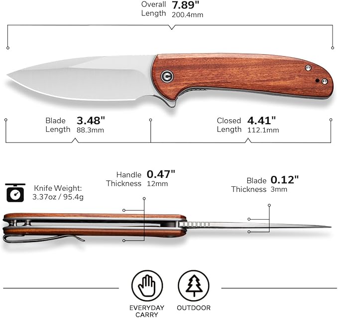 CIVIVI Primitrox Folding Knife for EDC, Flipper Pocket Knife with 3.48" Nitro-V Blade Wood Handle for Everyday Carry C23005A-3