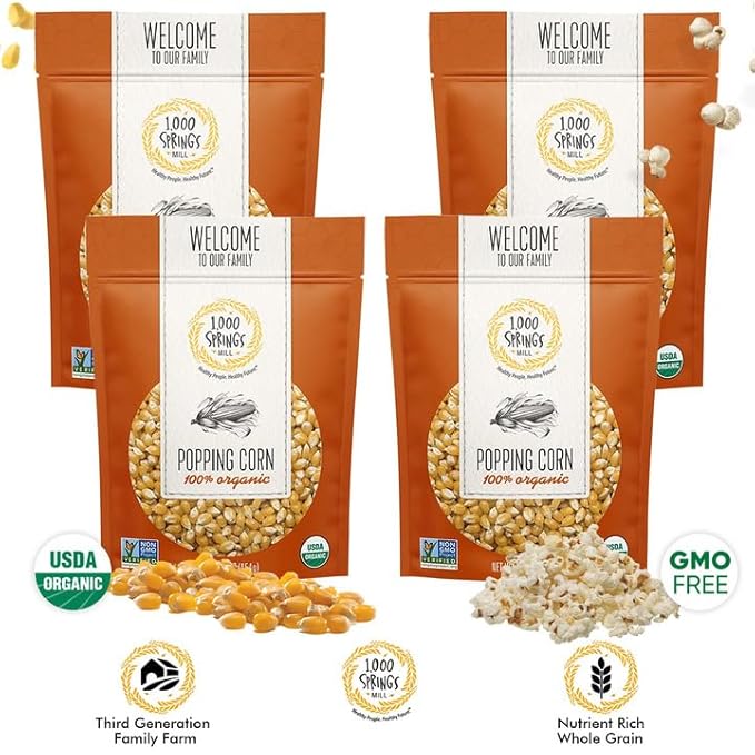 1000 Springs Mill Organic Dry Popcorn Kernels - Non-GMO, Healthy Snack for Microwave or Stovetop - Bulk Organic Popcorn Kernels with Resealable Bag - Enjoy Fresh & Crisp Popcorn - 16oz (Pack of 4)